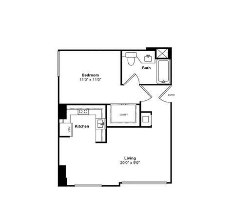 Floor plan for 1 bed, 1 bath, 564 sqft